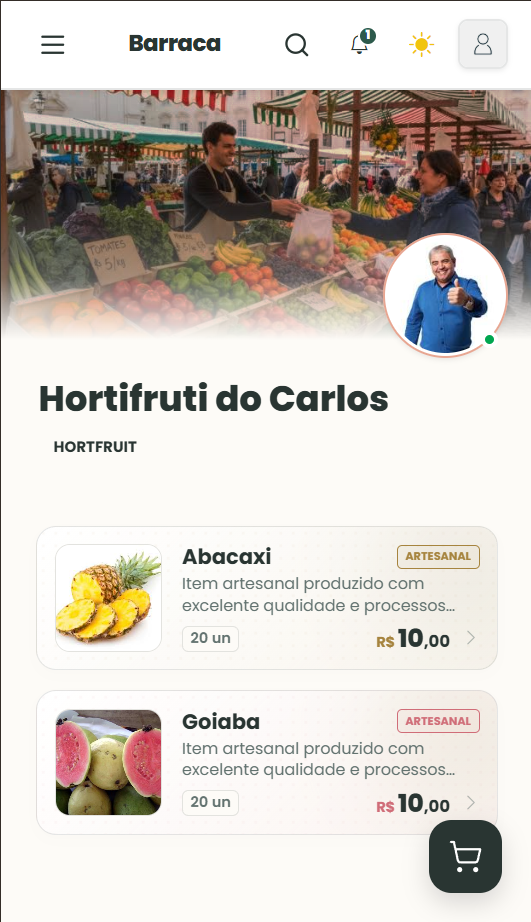 Página da barraca do artesão